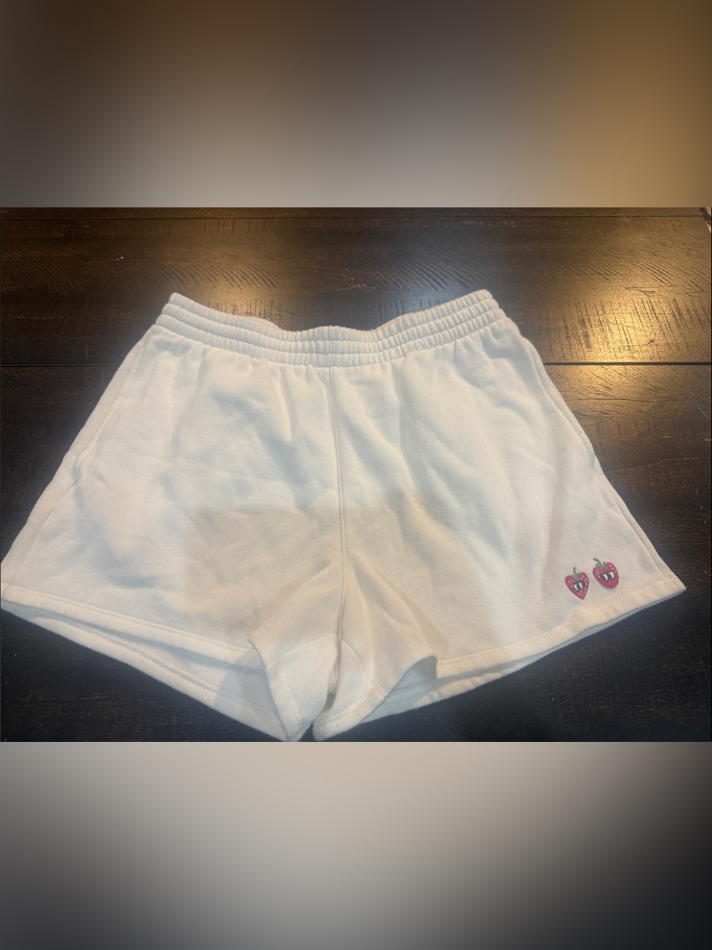 PINK Victoria's Secret White Knit Lounge Shorts with Strawberry Accent
